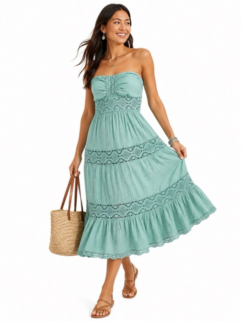 Seventh Avenue Seafoam Lace Midi Dress Strapless Tiered Resort Large Boho